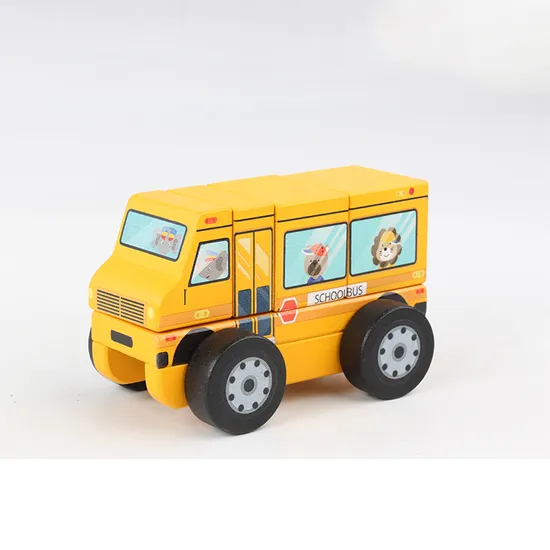 Children Play School Bus Kids Fire Truck Wooden Geometric Shape Car Vehicle Toy