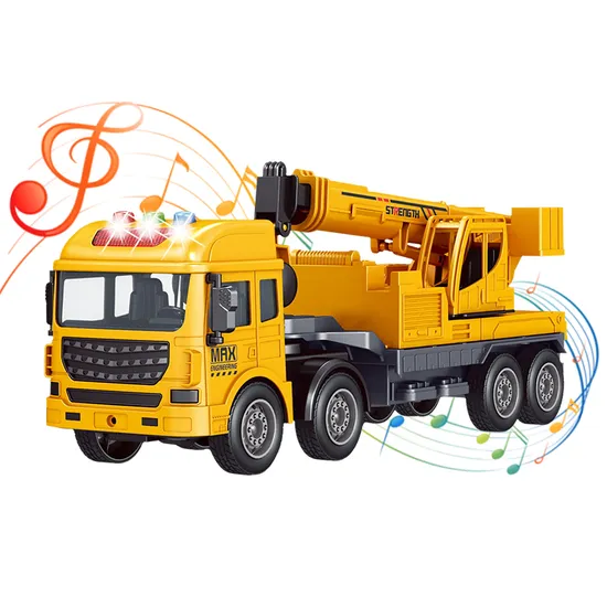 Kids Boy Plastic Inertia Construction Engineering Vehicle Extending Arm Rotation Model Friction Toy Crane Truck with Music Light