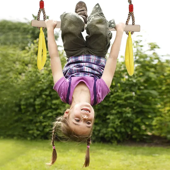 Children′s Wooden Trapeze Swing Bar with Plastic Gym Rings Swing Set