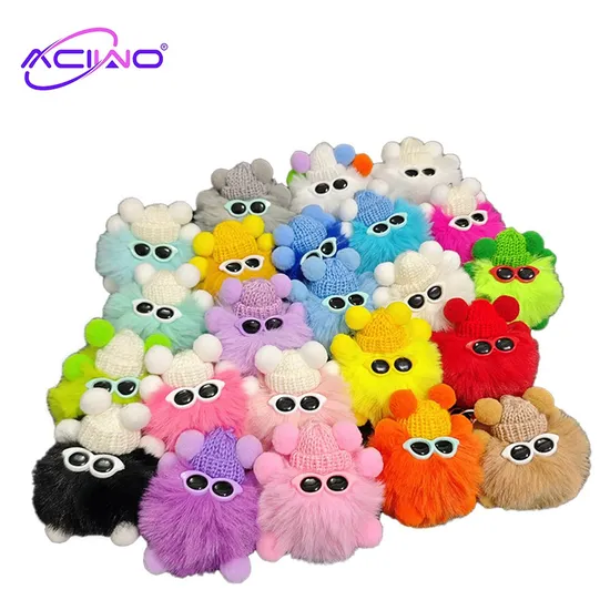 Plush Ball with Knitted Hat and Sunglass Keychain Attached Six Tiny Furballs Exquisite Pendant Silvery Clasp Decorative Ornaments Promotional Gifts (70403)