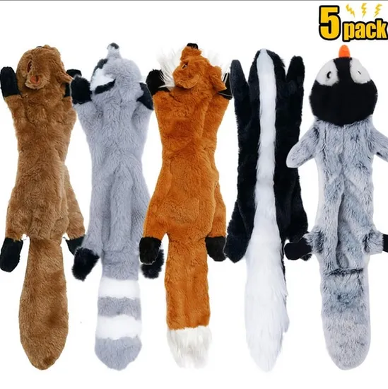 3 Pack 5 Pack Fox, Raccoon, & Squirrel - No Stuffing Squeaky Plush Dog Toys