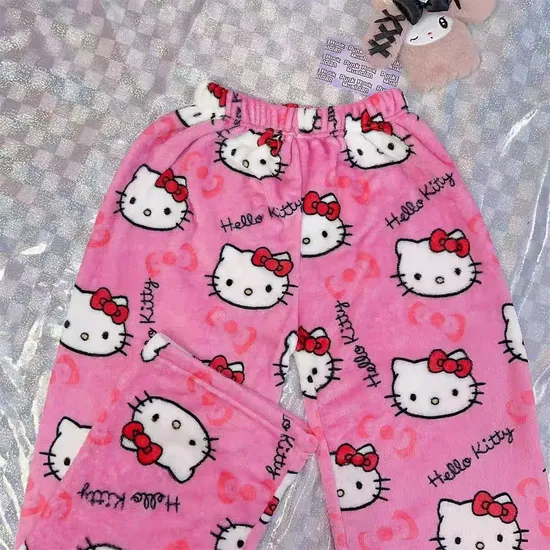 Ruunjoy Sanrio Hello Kitty Y2K Kawaii Anime Flannel Pajamas Women′s Warm Woolen Casual Home Pants Autumn Winter Fashion Trousers