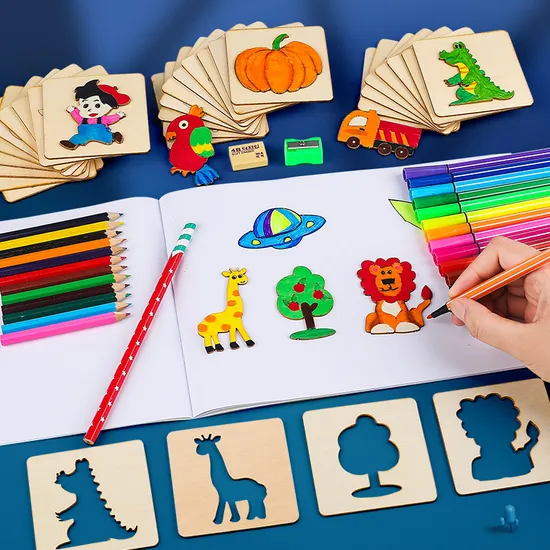 Montessori Drawing Toys Set Wooden Painting Stencils for DIY Craft Kids′ Toy