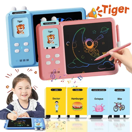 2-in-1 Montessori Educational Learning Speech Therapy Machine LCD Writing Drawing Tablet Autism Child Sensory Toy English Talking Flash Cards for Kids