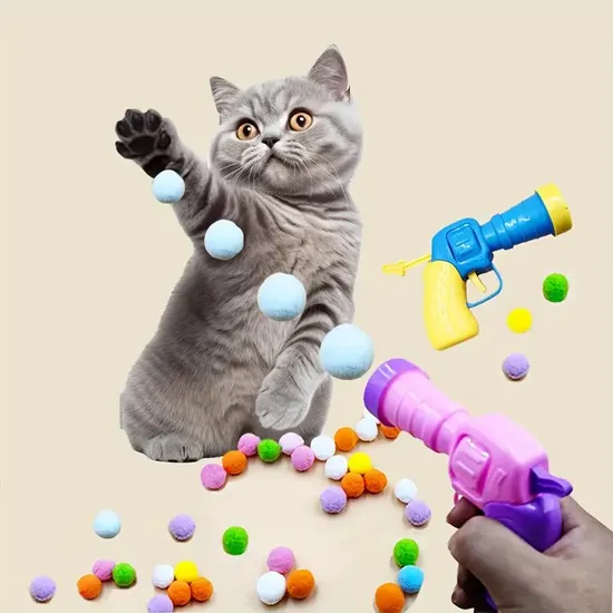 Factory Wholesale Interactive Plush Colorful POM POM Ball Launcher Silent Pet Toy Gun Supplies for Cat