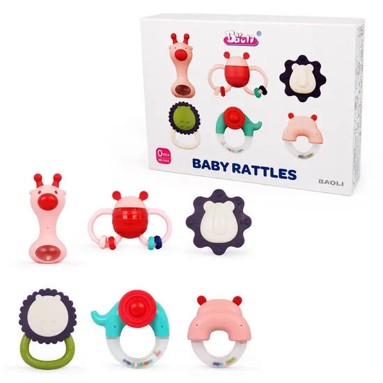 Baoli 6-Piece Infant Teething Toys and Rattles Set, Cute Animal Design, Safe and Durable Baby Teething Relief