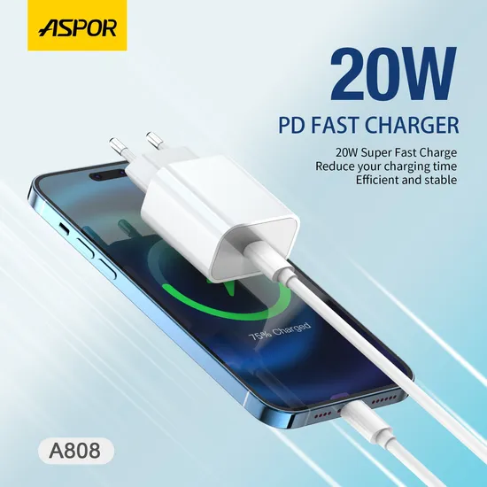 Aspor A808 UK EU Pd 20W Adapter USB Type C Type-C Fast Charging EU UK Plug Wall Charger Cable for Phone