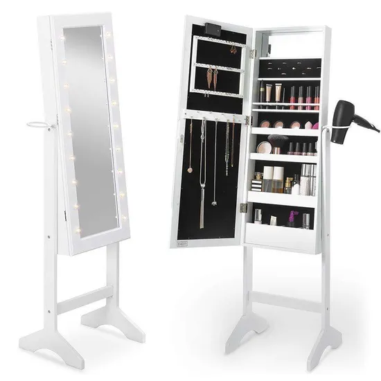 Luxury OEM Solid PVC Wood Frame LED Light Rotate up and Down with Safety System Storage Space Floor Standing Jewelry Mirror Maufacturing Vendor