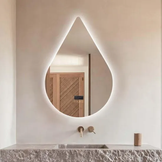 New Styling Design Stylish Water-Drop Shape OEM Customized Inteligent Smart LED Vanity Bathroom Mirror with Light/Demist/Bluetooth/Touch on off/Dimming Function