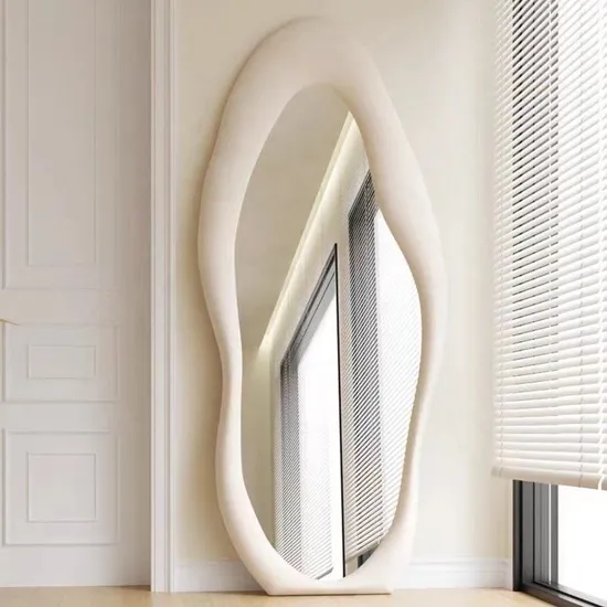 White Pink Blue Green Color Flannel Frabric Wavy Shap Frame Full Length Wall Mounted and Floor Dressing Mirror for House Hotel Home Shops Living Room Decoration
