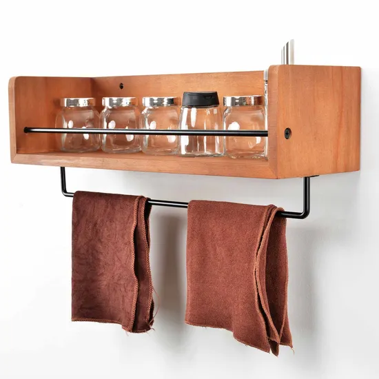 Rustic Wall Mounted Kitchen Wood Wall Shelf Spice Rack Shelf with Towel Bar