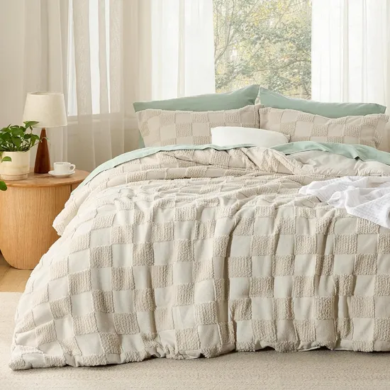 Boho Tufted Bedding Comforter Set Checkered Farmhouse Shabby Chic Bed Set 3 Pieces, 1 Plaid Geometric Comforter and 2 Pillow Shams
