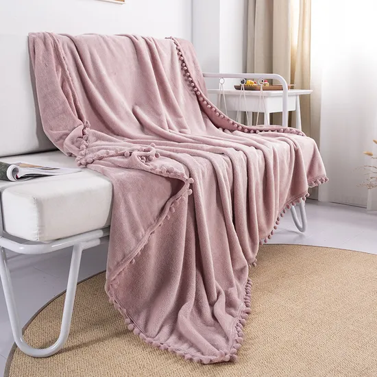 Wholesale Flannel Tassel Ball Solid Color Blanket Sofa Dormitory Blanket Gift Air Conditioning Blanket