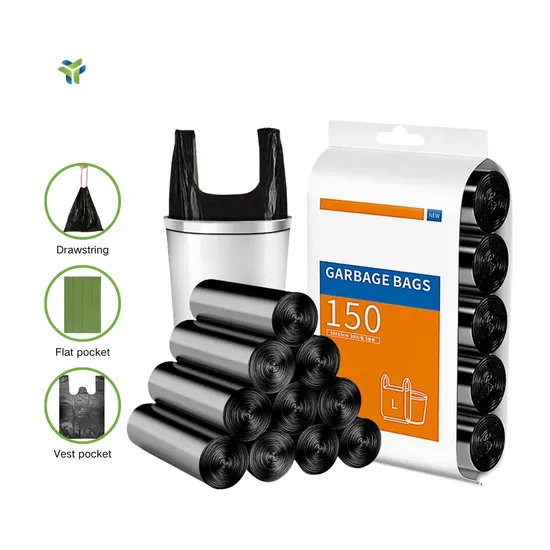 Amazon Basics Plastic HDPE LDPE PE PLA Disposable 13 Gallon Bin Black Hand T-Shirt Material Portable Vest Garbage Bag Trash Bags Roll with Handle