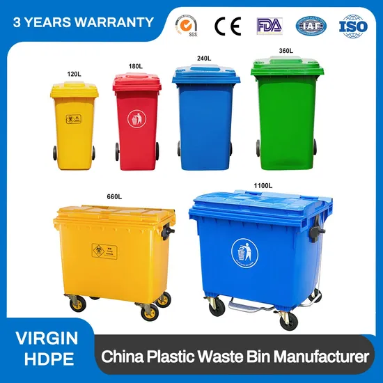 50L 100/120/240/360/660/1100 Liter HDPE Mobile Dustbin Outdoor Trash Can Large Plastic Garbage Container Waste Bin for Public with Wheel/Lid/Pedal