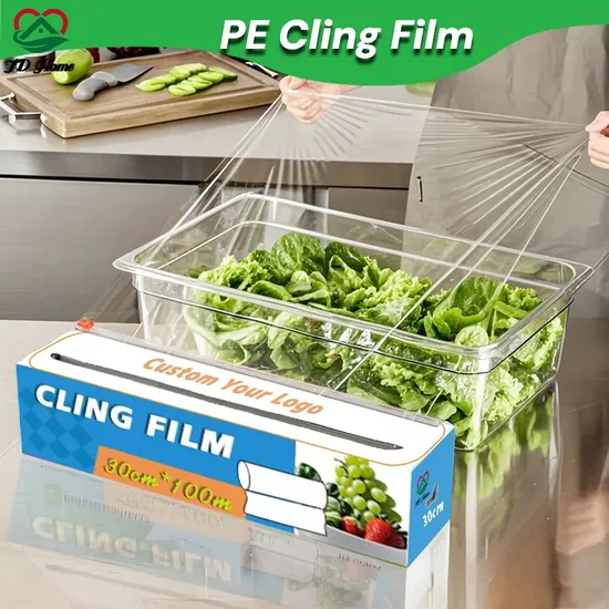 100% Recyclable Food Grade Plastic Wrap Film Roll Wrapping Packaging PE PVC Cling Film with Slide Cutter for Restaurant /Kitchen Packaging 30cm/45cm*100meters