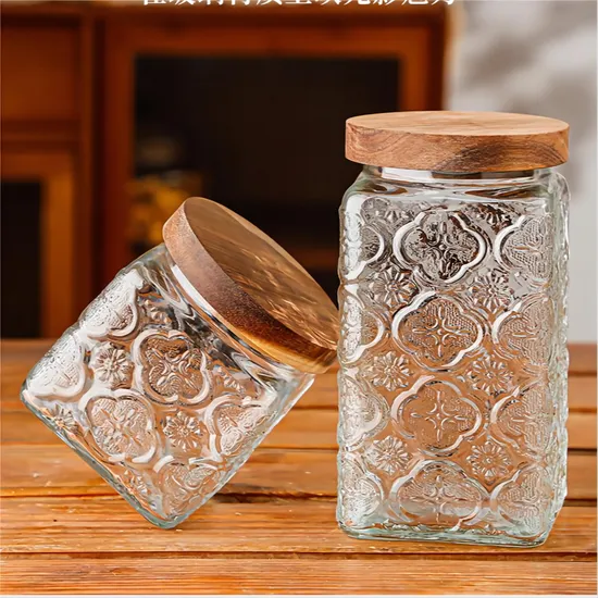 Embossment Food Container Square Shape Glass Storage Jar