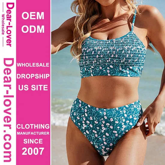 Dear-Lover Wholesale Fashion Beach Wear Bohemian Boho Floral Print Smocked Cute Woman Sexy Bikini