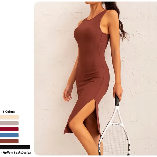 Wholesale New Summer Essential Sleeveless Long Exercise Tennis Dress with Built in Bra, Custom Sexy Open Back Sports Workout Clothes Beach Dresses for Women