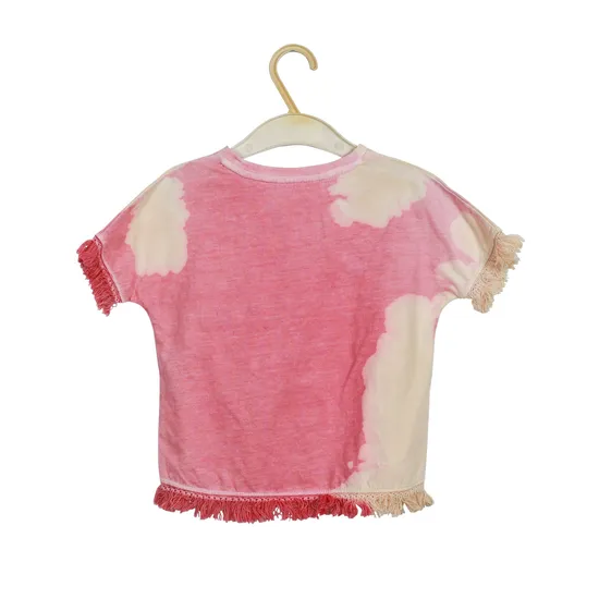 Fashion High Quality 100% Cotton Tie-Dye Loose Short Sleeve Tee for Girls Fringe Hem