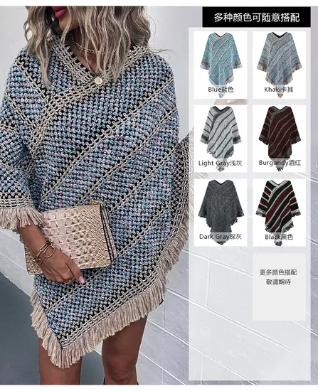 Autumn and Winter New Contrasting Stripes European and American Cross-Border Ethnic Style Tassel Pullover Cape Shawl Women Sweater