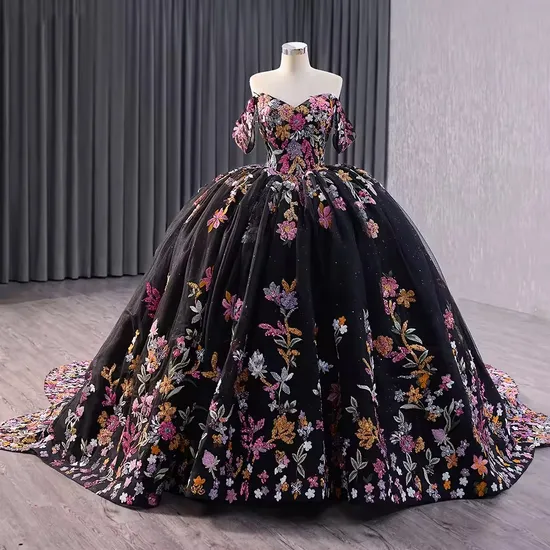 Black off Shoulder Handmade Applique Ball Gown Quinceanera Wedding Dresses for Women
