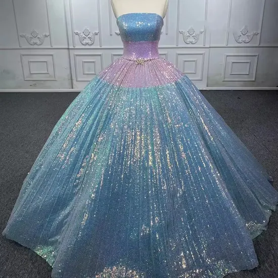Manufacturer Customized Rainbow Shiny Strapless Belt Sequins Quinceanera Dresses for 15 Girls