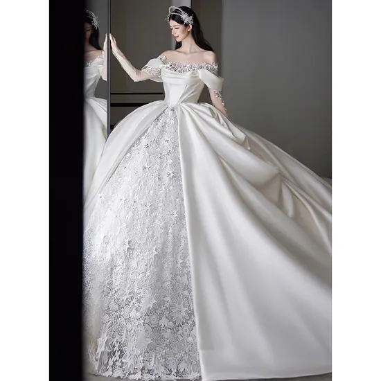 Customized Ivory Cap Sleeves Ball Gown Wedding Dress with Cathedral Tail