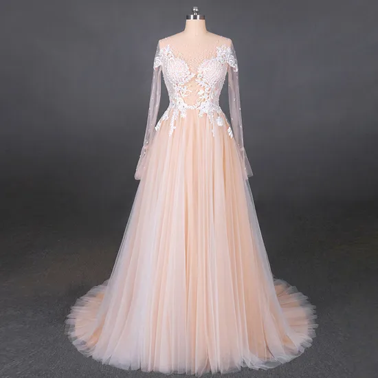 Champange Long Sleeves Lace Applique Beading Pearls Wedding Dress