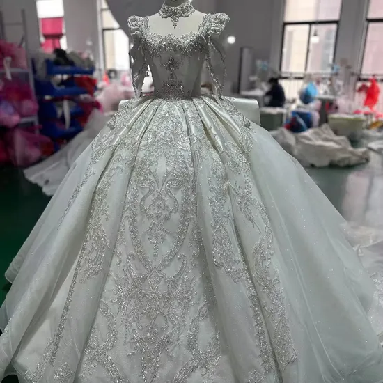 Manufacturer Customized Square Collar Long Sleeve Ball Gown Satin Wedding Dresses