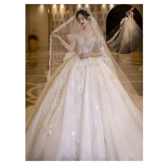 Blingbling Cap Sleeves Handmade Beading Lace Applique Wedding Dress