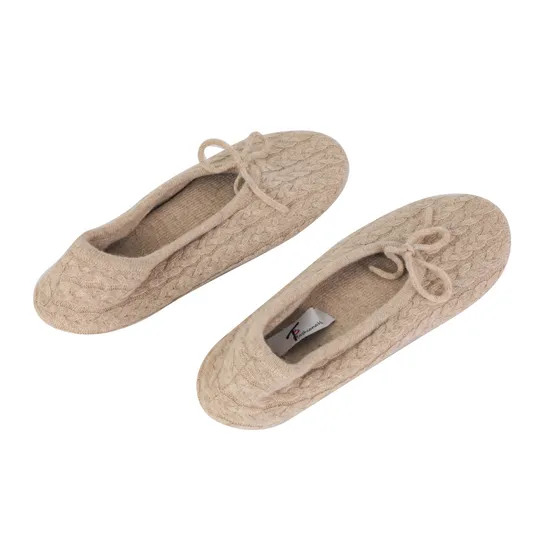 100% Cashmere Cable Knitted Bed Slippers with Leather Sole