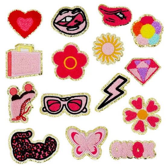 Hot Selling Gold Edge Chenille Embroidery Face Custom Hurt DIY Flower Patches Iron on Patches for Girls Garment Accessories