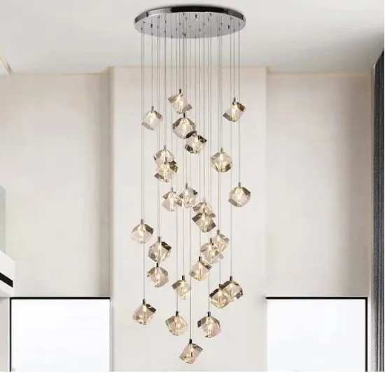 Crystal Staircase Chandelier, 26-Light Raindrop Pendant High Ceiling Chandelier for Staircase, Long Length Clear Crystal Pendant Hanging Light Fixture