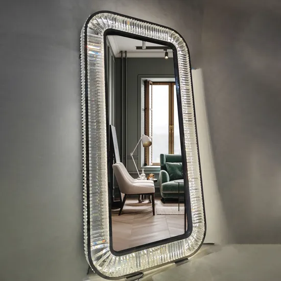 OEM Design New Style Crystal Modern Full Length Mirror Decorative Living Room Hallway Wood Frame Venetian Hang Wall Mirror with LED Light