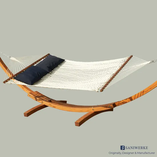 Outdoor Double Heavy Teak Spreader Bar Poly Cotton Thick Rope Net Hammock