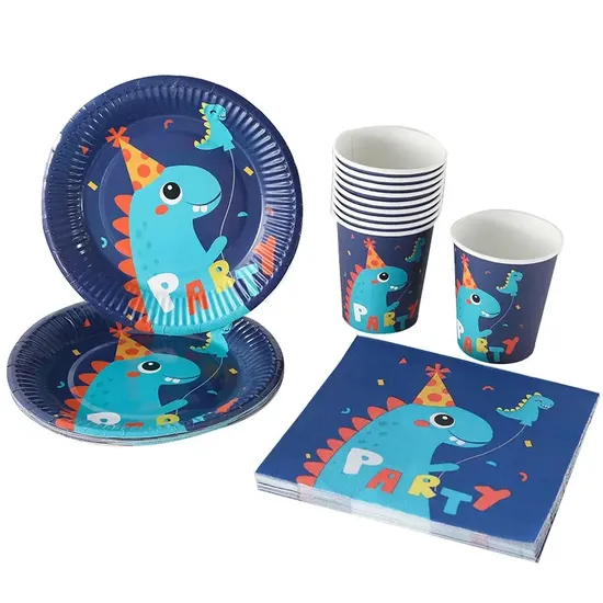 New Cute Dinosaur Three-Piece Set Paper Plate Paper Cup Paper Towel Set Birthday Party Supplies Tableware Set