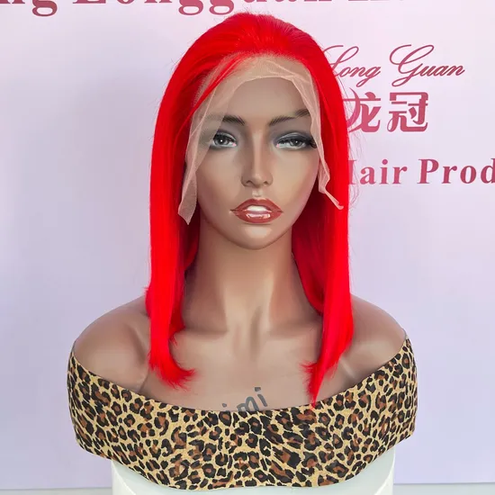 Longguan Hair Products Factory Virgin Human Hair Red Bob Transparent Lace Front Wig