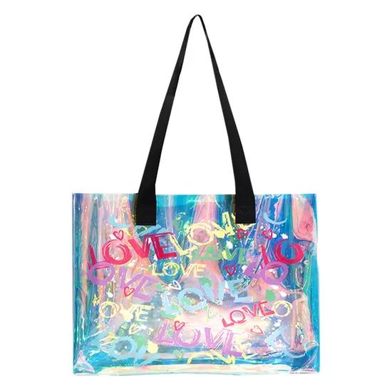Wholesale Clear Transparent Plastic Packaging Hang Bag Holographic PVC Shopping Bag Handbag
