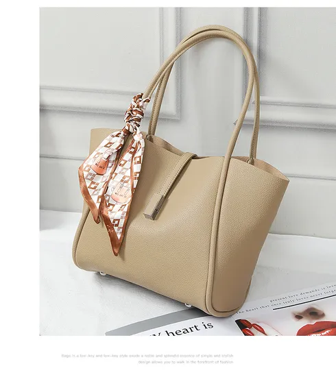 Female Large-Capacity Commuter Handbag Solid-Colour Soft-Surface PU Leather Bucket Silk Scarf Bag