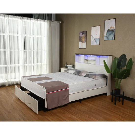 Farmhouse King Size Bed Frame with Bookcase Headboard Sliding Barn Door