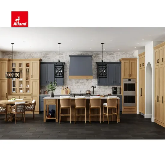 Allandcabinet Beaded Panel Stained Wood Grain and Painted Blue Shaker Door Kitchen Cabinet with a Unique Range Hood Cabinet Quartz Countertop