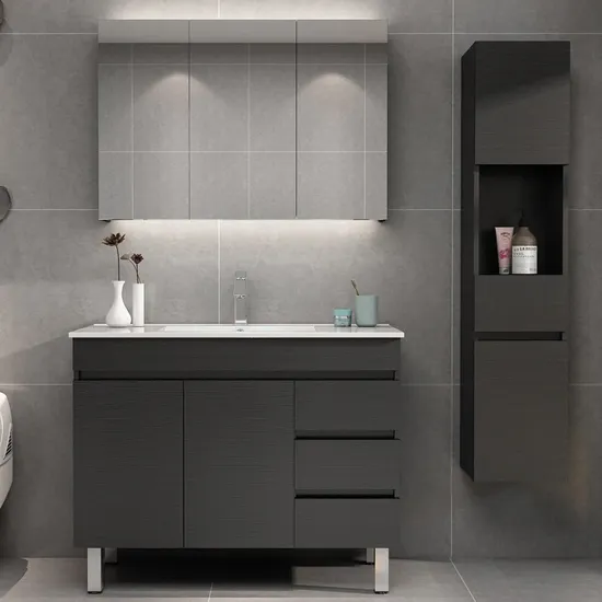 Modern Design Hotel Plywood Sink Furniture Freestanding Bathroom Vanity Unit with Marble Top Ceramic Basin Chest of Drawers Lighting Mirror Medicine Cabinet