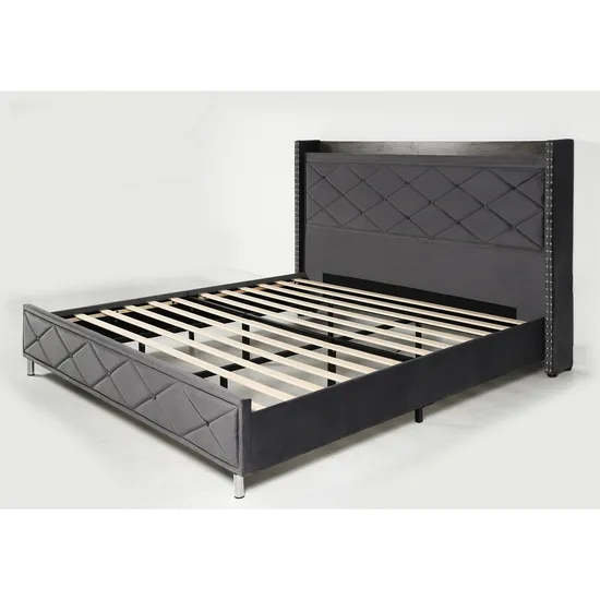 Upholstered Platform Bed Frame Queen Size with Headboard and Footboard/Wooden Slats Support/No Box Spring Needed/Easy Assembly, Ink Black Velvet