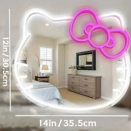 Hello Kitty LED Neon Wall Makeup Mirror Beauty Salon Neon Sign LED Sign Home Decor Light up Mirror for Bedroom