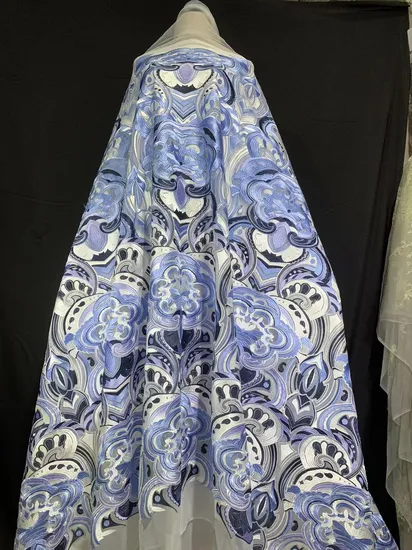 European American Style Multi-Color Blue Computer Embroidery Lace Fabric for Dress