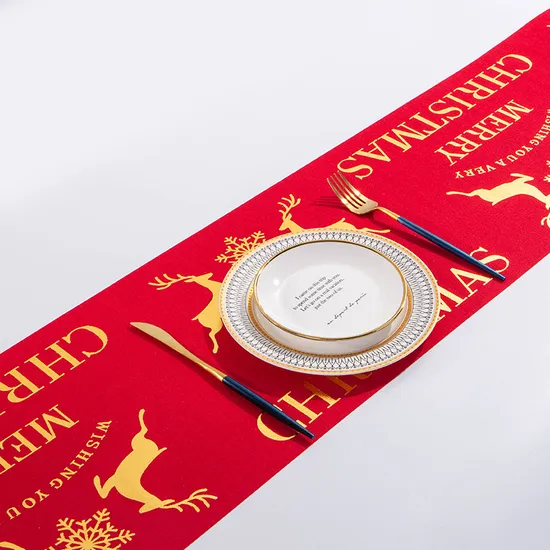 China Polyester Cotton Jute Linen Home Textile Fabrics Metallic Printed Xmas Gold Silver Red Christmas Party Decoration Roll Tablecloth Table Runner