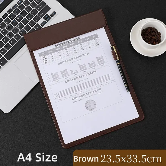 A4 235*335mm Brown PU Leather Meeting Pad PU Clipboard Meeting Clip Board Meeting Memo Writing Desk Pad, Restaurant Hotel Menu Folder Clipboard Magnetic Notepad