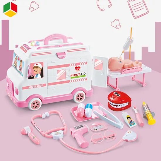 QS Children Pretend Play Doctor B/O Car Toys Educational All-Direction Music Lights Simulation Electric Mini Ambulance Car Doctor Medical Kit Toys with Doll