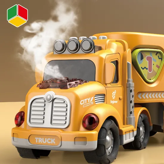 QS Light Sound Car Educational Free Wheel Plastic Carrier Engineering Fire Military Truck Block Spray Function Kids Car Vehicle Toy with Small Metal Car Toy
